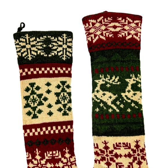 Knit Christmas Deer Snowflake Green Red Cream Color Block Long Stockings Bundle - Picture 4 of 9